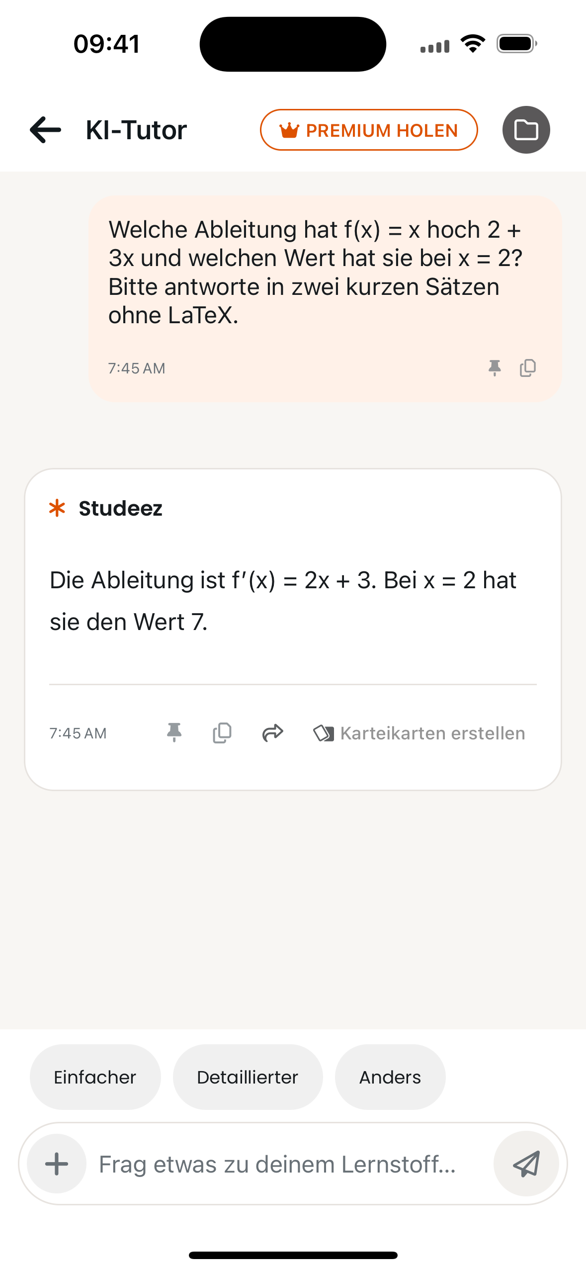 Studeez KI-Tutor beantwortet eine Frage zur Ableitung mit dem Ergebnis f Strich von 2 gleich 7