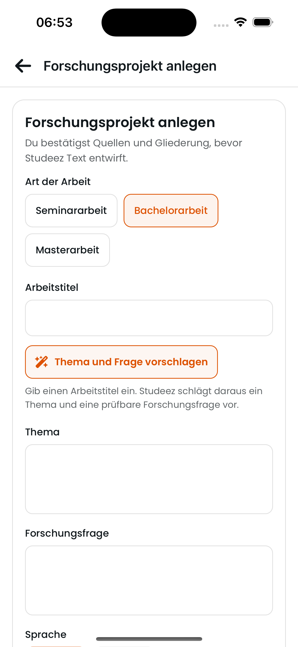 Thesis-Coach in Studeez: Forschungsprojekt für eine Bachelorarbeit anlegen